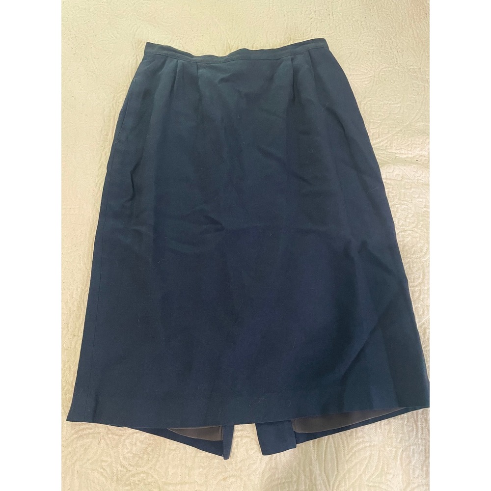 Vintage Navy Blue‎ Linen Blend Midi Skirt High Waisted Back Slit Size 10 Pockets